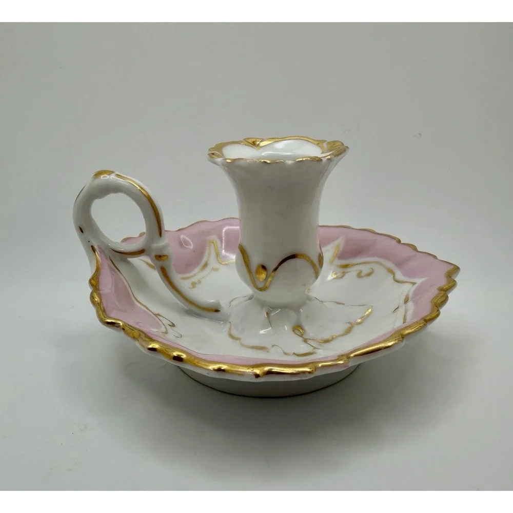 Antique Porcelain Chamberstick Candle Holder Pink Gold Gilt Finger Loop Mold 16
